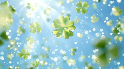 Wall Mural - St. Patrick's Day Celebration with Flying Clover Leaves in Vibrant Sunlight