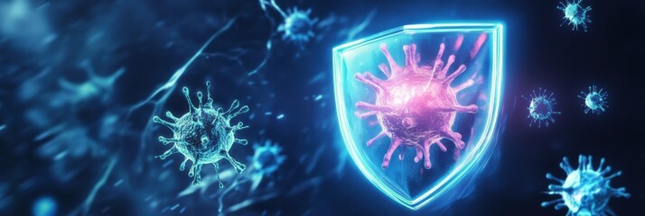 Fototapete - Shield protects against harmful microbes with glowing defense in a vibrant digital design. Generative AI