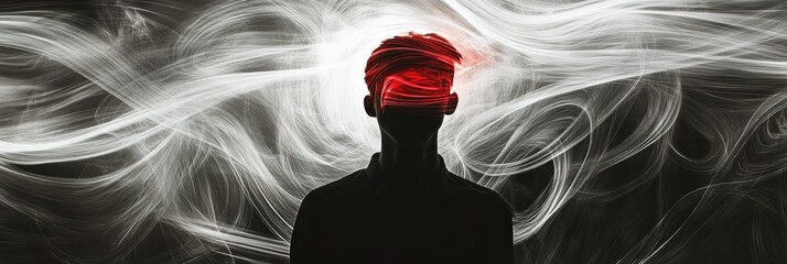 Aufkleber - Person immersed in swirling abstract shapes conveying a sense of inner reflection and creativity in a surreal environment. Generative AI