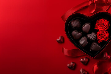 Wall Mural - Photo of a heart shaped gift box with red ribbon containing chocolates and some roses on red background, gifts, Valentine's Day.