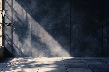 Aufkleber - Sunlight illuminating empty room with dark concrete wall and tiled floor