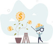 © Oleg - Harvest money from investment profit or earning, growing wealth or stock market prosperity, economic boom, savings or investing concept.flat characters.