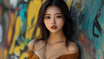 Wall Mural - korean model against a graffiti wall