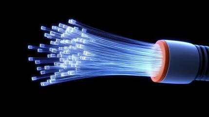 Hyper-realistic fiber optic cable glowing with vibrant light trails, symbolizing data flow and connectivity