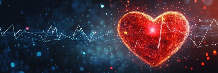 Aufkleber - Glowing red heart symbolizes vitality with dynamic cardiogram reflecting heartbeat rhythm against a vivid background. Generative AI