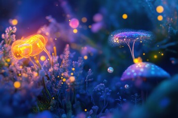 Poster - Magical microscopic ecosystem filled with friendly microbes and glowing flora under a mystical blue light. Generative AI