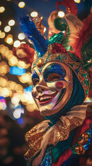 Wall Mural - Colorful Mardi Gras Joker with Feathers and Glitter Mask Celebrating at Night. Concept of Festive Carnival Costumes, Joyful Celebration. Purim. Vertical