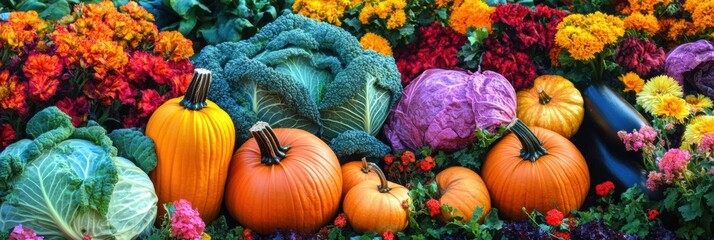 Aufkleber - Lush vegetable garden showcasing rows of vibrant carrots, cabbages, and ripe pumpkins during sunny afternoon. Generative AI