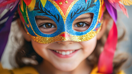 Wall Mural - Smiling Caucasian Girl in Vibrant Carnival Mask for Purim Celebration. Concept of Festive Joy, Cultural Traditions