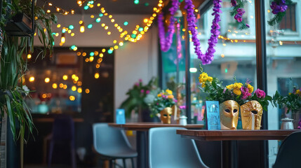 Poster - Modern Cafe Decorated for Purim with Festive Masks and Colorful Lights. Concept of Celebration, Cultural Traditions