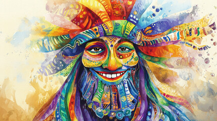 Wall Mural - Vibrant Watercolor Illustration of a Colorful Masked Figure Celebrating Cultural Festivity. Concept of joyous celebration, colorful art, cultural traditions. Purim