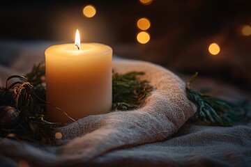 Poster - Burning candle creating cozy atmosphere with festive bokeh lights