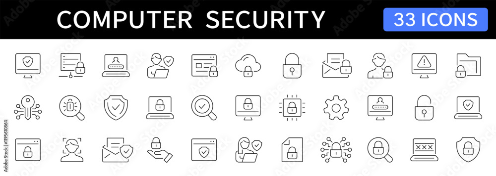 Computer and Cyber security thin line icons set. Editable stroke ...