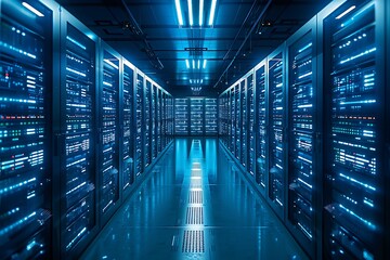 rows of illuminated server racks in a modern data center. hightech infrastructure for computing and 
