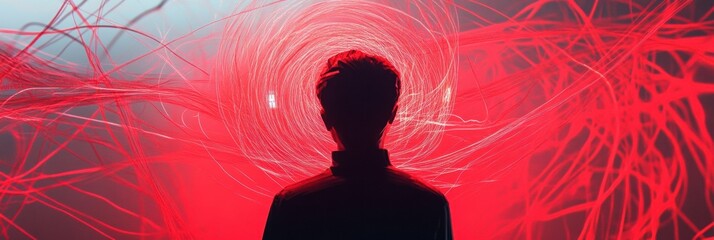 Aufkleber - Person immersed in swirling lines and abstract shapes in a vibrant, surreal environment during a creative exploration. Generative AI