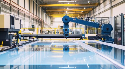 Wall Mural - a robot managing automated glass cutting in a high-tech glass manufacturing facility with clean, org