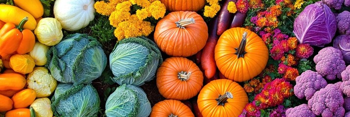 Poster - Vibrant vegetable garden with fresh carrots, cabbages, and pumpkins in bloom during early autumn sunshine. Generative AI