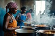 © Татьяна Евдокимова - Women cooking traditional African dishes in large steaming pots within a vibrant communal kitchen, showcasing rich cultural cuisine and teamwork
