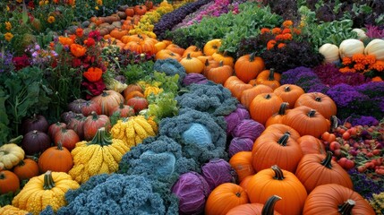 Aufkleber - Lush vegetable garden featuring vibrant rows of carrots, cabbages, and colorful pumpkins under bright sunlight. Generative AI