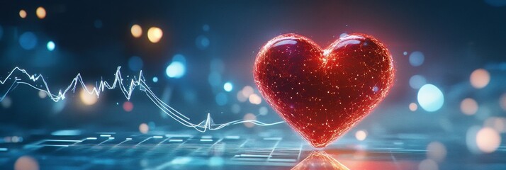 Aufkleber - Glowing red heart with dynamic cardiogram shining in a vibrant digital landscape at night. Generative AI