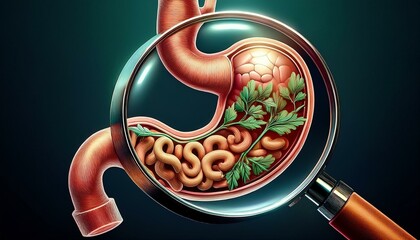 Sticker - illustration of stomach with magnifying glass representing digestive health