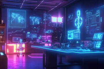 Fototapete - Workspace featuring digital avatars within a modern futuristic design filled with vibrant neon lights and advanced technology. Generative AI