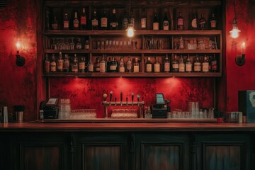 Wall Mural - the counter bar in a cosy old english or irish pub with lots of whisky bottles in the background