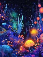 Poster - Exploring a vibrant microscopic ecosystem of friendly microbes glowing in deep colors. Generative AI