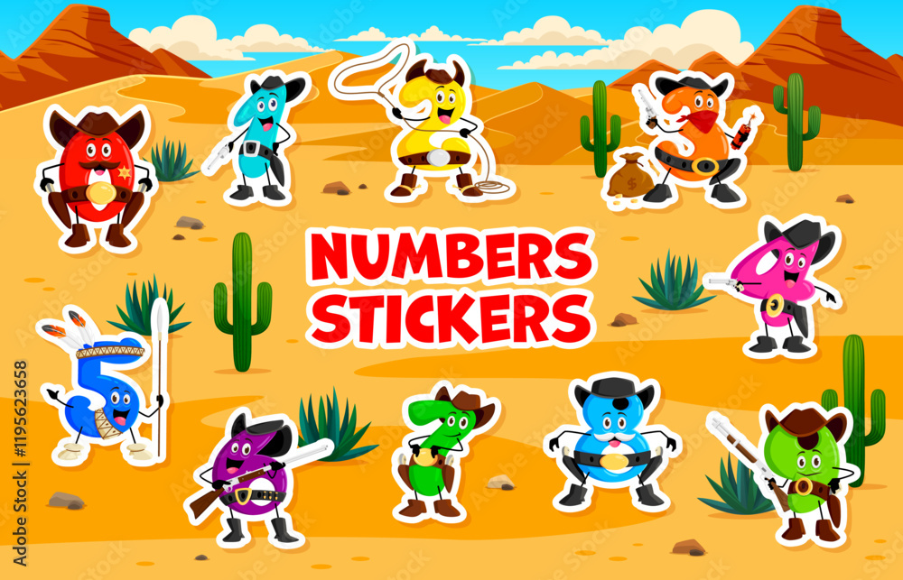 Cartoon math number cowboy and ranger, bandit and robber characters ...