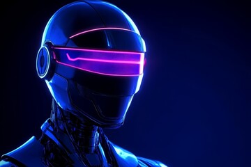 Metallic Futuristic Robot Bust Glowing Lenses - Futuristic robot, metallic body, glowing lenses, cyberpunk aesthetic, technological advancement.