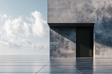 Poster - Modern building with dark door and tiled floor under cloudy sky
