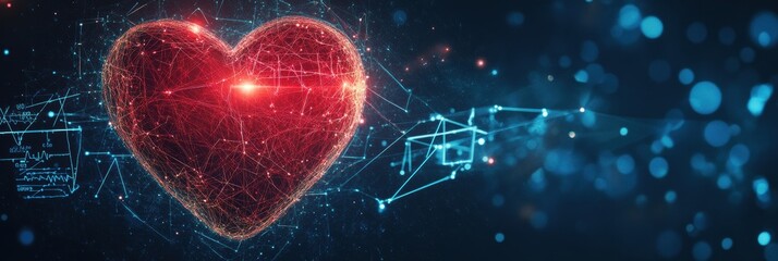 Aufkleber - Glowing red heart with dynamic cardiogram background illustrating vitality and life at digital landscape. Generative AI