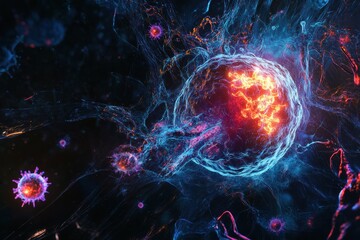 Aufkleber - Magnified human cell under attack by virus in vibrant colors showcasing cellular activity and defense mechanisms. Generative AI