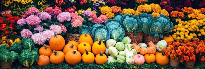 Aufkleber - Lush vegetable garden abundant with vibrant carrots, cabbages, and pumpkins in full bloom during summer months. Generative AI