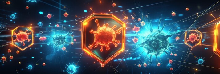 Aufkleber - Visualization shows antibodies engaging pathogens in a dynamic biological defense process against infections. Generative AI