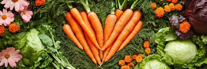 Poster - Lush vegetable garden showcasing vibrant rows of carrots, cabbages, and pumpkins during a sunny summer day. Generative AI