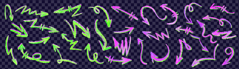 Wall Mural - neon green arrows set. wax crayon drawing grafitti elements in acid pink color. collection of vector