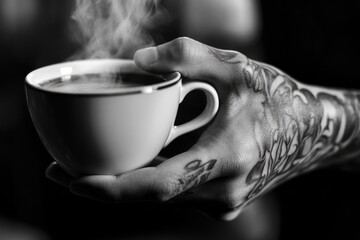 Steaming coffee cup held by tattooed hand, showcasing intricate