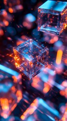 Wall Mural - a mesmerizing visual display of floating glass cubes illuminated by vibrant blue and orange light. t