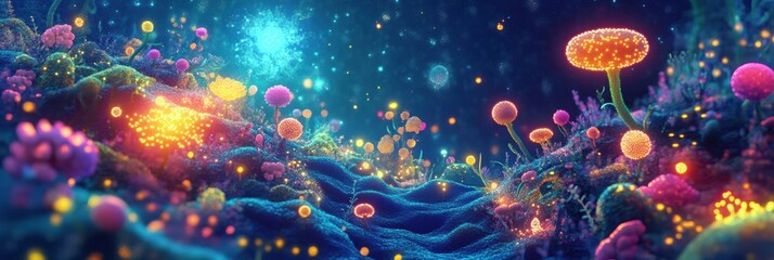 Poster - Explore a magical microscopic ecosystem filled with vibrant friendly microbes and glowing flora at a microscopic scale. Generative AI