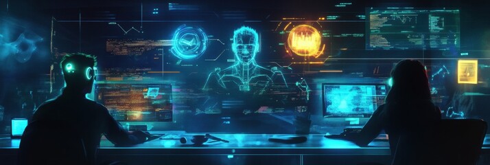 Aufkleber - Digital avatars in a futuristic workspace with virtual collaboration and interactive displays. Generative AI