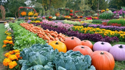 Aufkleber - Lush vegetable garden with vibrant rows of carrots, cabbages, and pumpkins under a bright sun. Generative AI