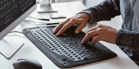 Wall Mural - modern braille display device connected to a computer, with a visually impaired person using it to r
