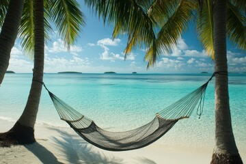 A serene tropical beach with hammocks tied between palm trees Crystal-clear water lapping at the shore, with distant islands on the horizon