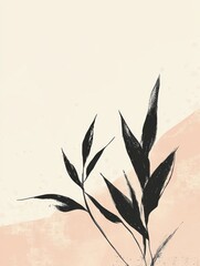 Wall Mural - Elegant minimalist illustration of black leaves against a soft pink and beige background