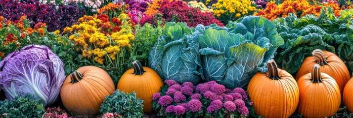 Poster - Lush vegetable garden with vibrant rows of carrots, cabbages, and pumpkins in full bloom during the growing season. Generative AI