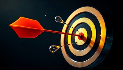 Wall Mural - Target with light bulbs converging, focus, precision, leadership, strategy, goal achievement, 3D render, dark background, business success, competitive concept.