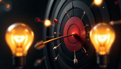Wall Mural - Target with light bulbs converging, focus, precision, leadership, strategy, goal achievement, 3D render, dark background, business success, competitive concept.