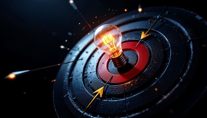 Wall Mural - Target with light bulbs converging, focus, precision, leadership, strategy, goal achievement, 3D render, dark background, business success, competitive concept.
