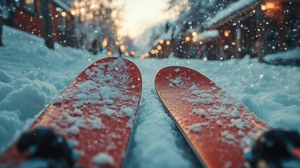 Canvas Print - Snow-covered skis in snowy village street.